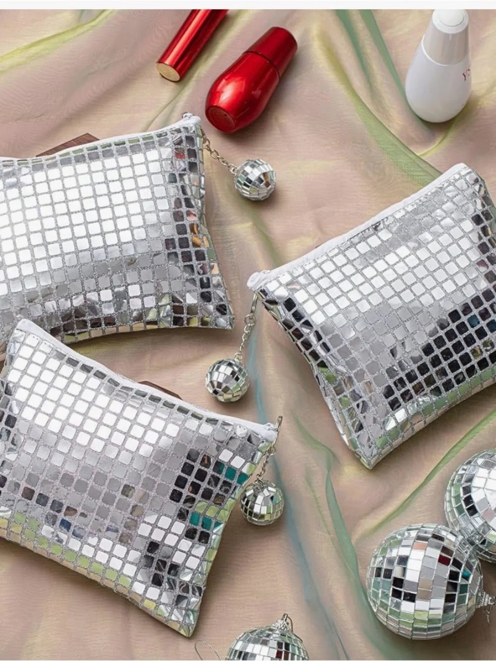 20 Pack Disco Party Favor Sparkly Makeup Sequin Bag Disco (Silver)
